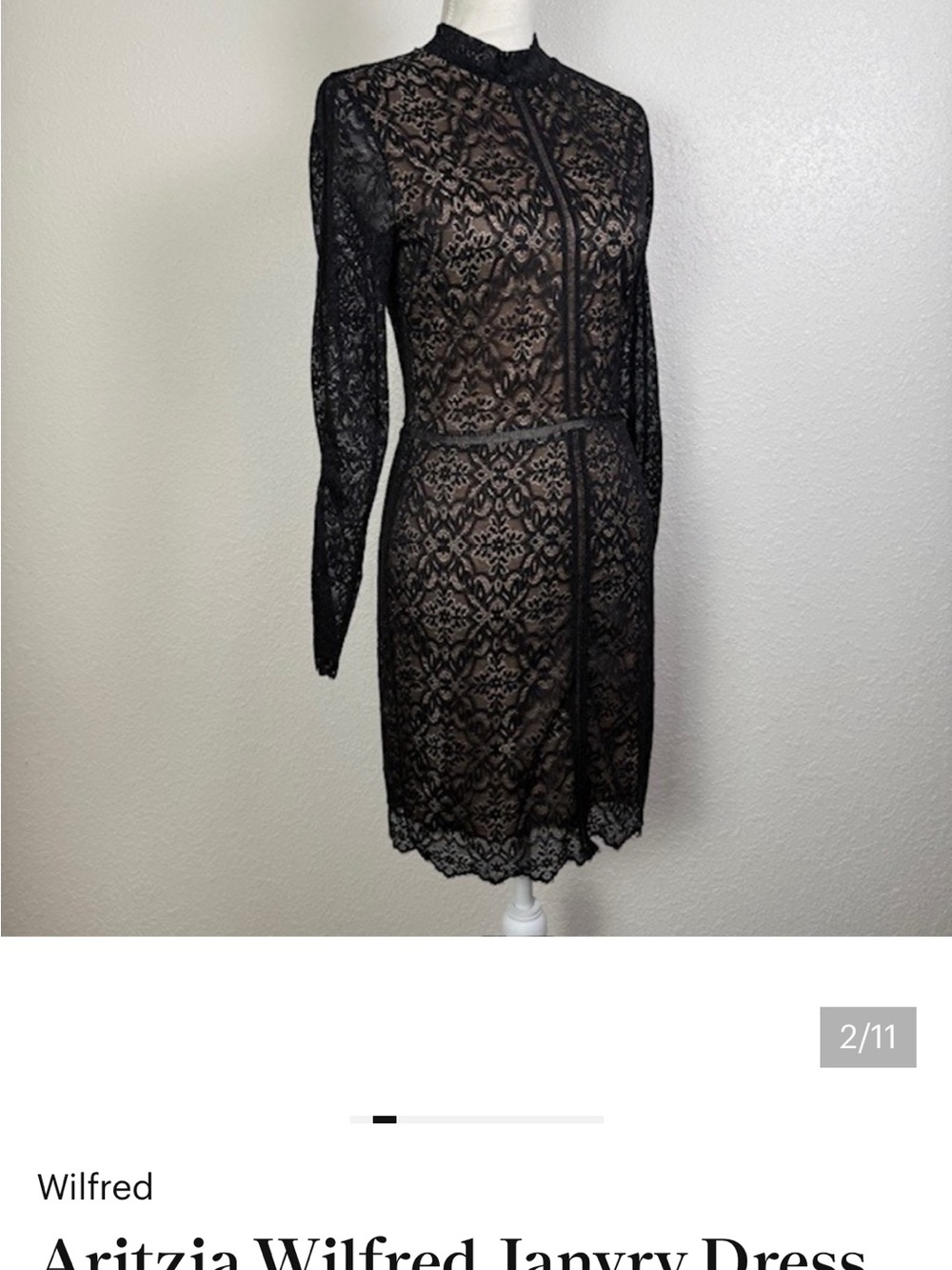 New Wilfred Aritzia Janvry Black Nude Lace Long-Sleeve Mini Dress - Picture 7 of 14